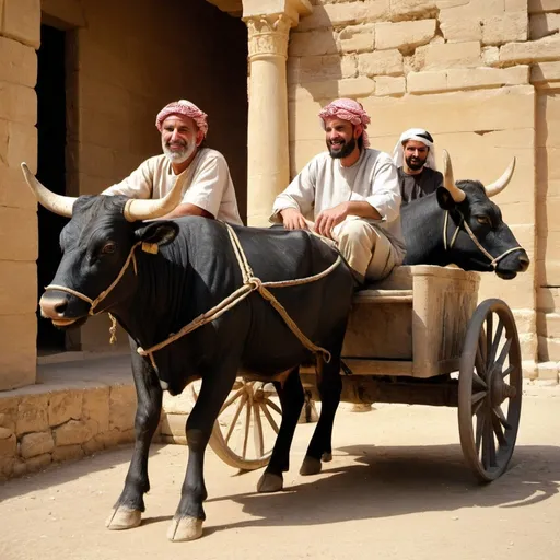 Prompt: 2 men sitting in a ox pulled chariot, 1st century,  digital camera,  12pm noon, middle east
