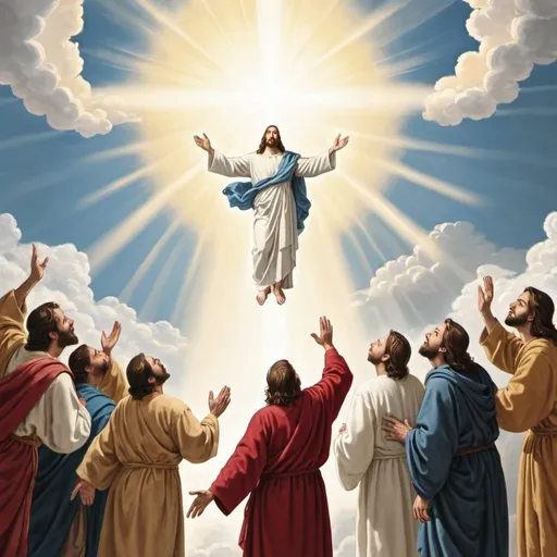 Prompt: Christ ascending into heaven, disciples looking up, digital camera