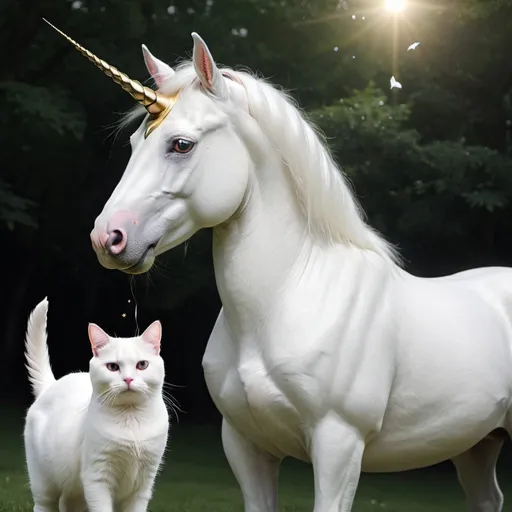 Prompt: A unicorn with a white cat, enhanced,  12 noon,