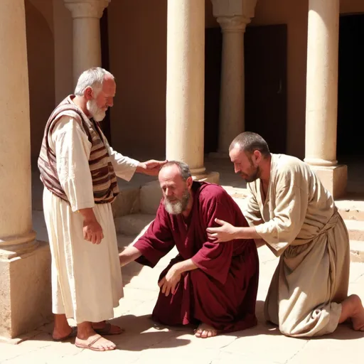Prompt: Apostle Peter and John heal a crippled man,  digital camera, 12pm noon, in temple
