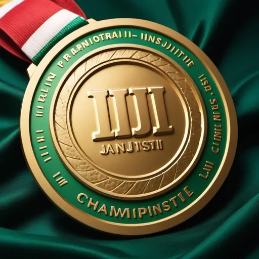 Prompt: The gold medal shines brightly on the chest of the champion.with the letters IJI and overwritten with the logo of the Indonesian jujitsu institute