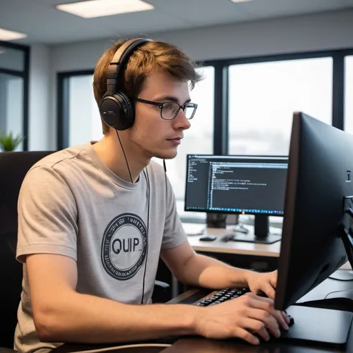 Prompt: An image of a young Caucasian male programmer with short, brown hair, seated in a modern office setting. He is focused on a large monitor displaying code and the 'Quartup ERP' logo in the top corner. His desk environment includes sticky notes, programming books, and a small plant. The lighting is soft, emanating from a desk lamp. The programmer is wearing a casual t-shirt and headphones while typing on a mechanical keyboard