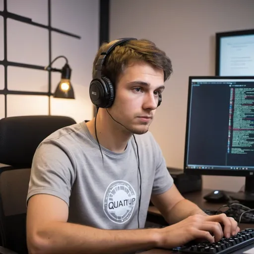 Prompt: An image of a young Caucasian male programmer with short, brown hair, seated in a modern office setting. He is focused on a large monitor displaying code and the 'Quartup' logo in his t-shirt. His desk environment includes sticky notes, programming books, and a small plant. The lighting is soft, emanating from a desk lamp. The programmer is wearing a casual t-shirt and headphones while typing on a mechanical keyboard