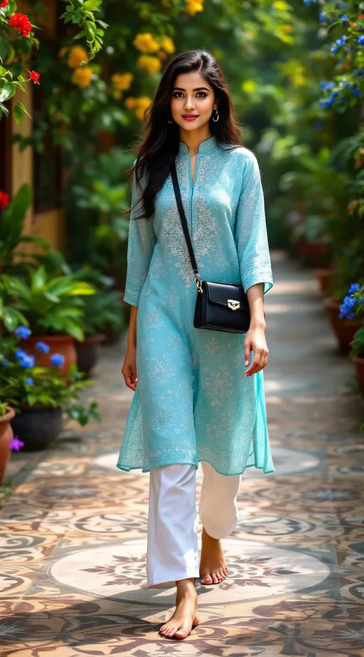Prompt: Bathed in sunlight, a young woman strolls confidently along a patterned stone pathway, her bare feet gracefully gliding over the cool surface. She wears an elegant sky-blue kurta adorned with delicate embellishments, pairing it with white trousers that add a traditional flair. Her long, dark hair cascades loosely around her shoulders, and she carries a stylish black crossbody bag, enhancing her chic look. Vibrant potted plants in varying shades of green and blue dot the path, while the backdrop features a textured wall and a glimpse of a building adorned with architectural elements, hinting at a culturally rich environment. The cheerful atmosphere is complemented by a bright blue sky and a hint of a flag fluttering in the distance, infusing the scene with a sense of joy and serenity.