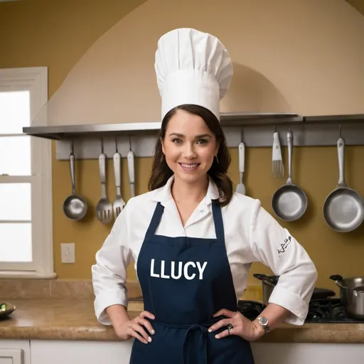 Prompt: A woman stands, being more realistic he smiles, in front of the camera in a kitchen, wearing a cooking suit with the name LUCY written on it, and holding cooking utensils in her hand, while behind her on the wall is a sign referring to the culinary arts.



