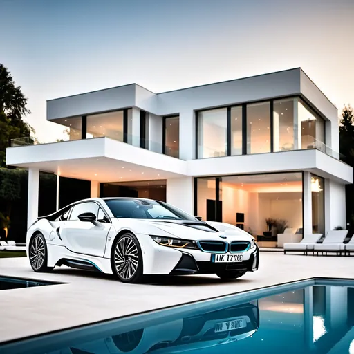 Prompt: white BMW i8 on front left side of luxury house with swimming pool 

