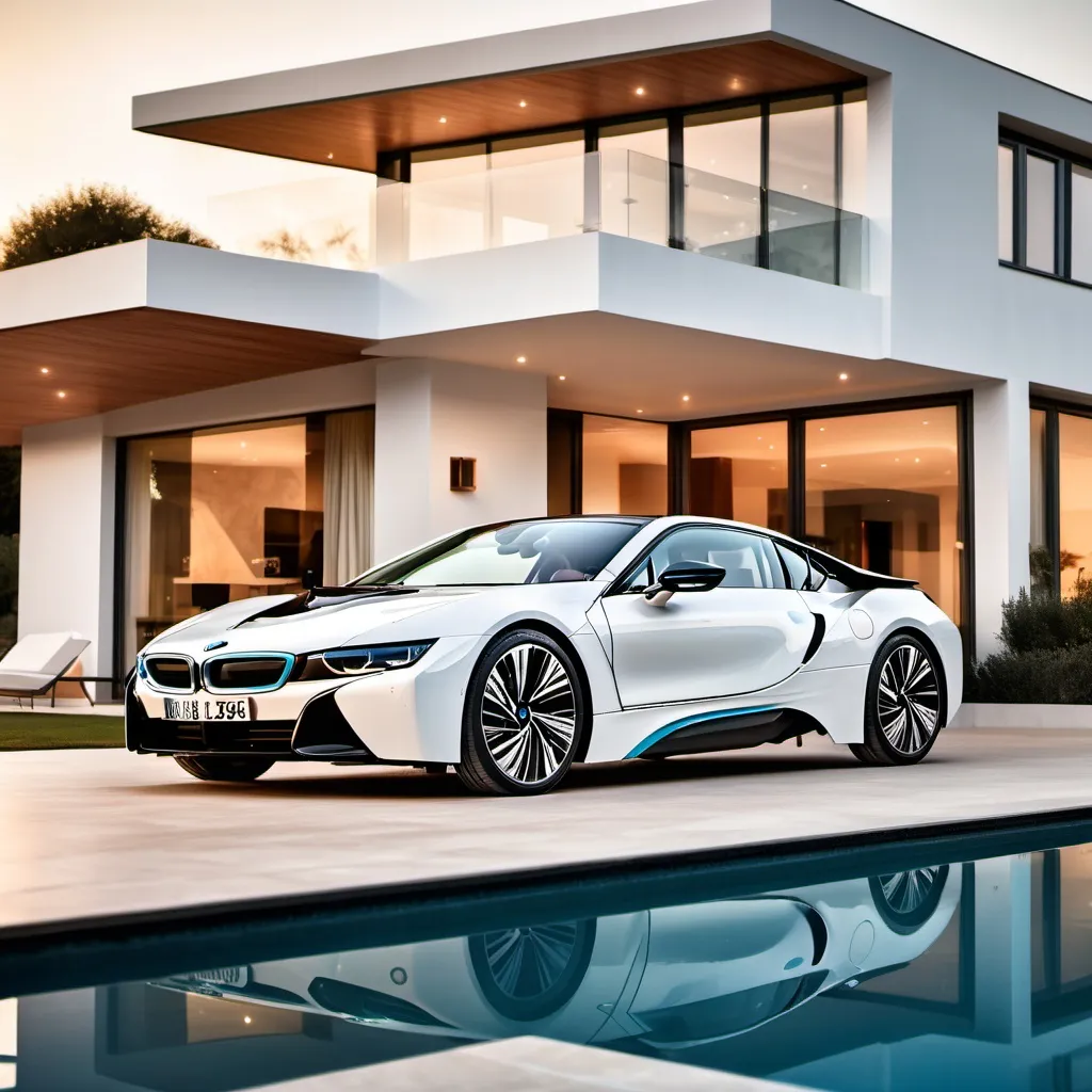 Prompt: white BMW i8 with door closed(facing left) on the route of front left side of warm light luxury house with swimming pool