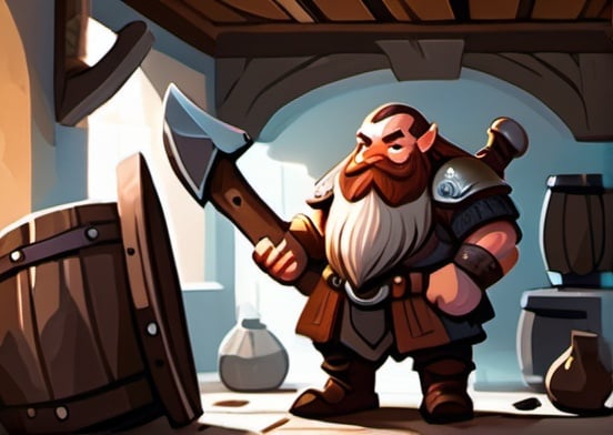 Prompt: dwarf character holding an axe in a tavern , fantasy character art, illustration, dnd, warm tone