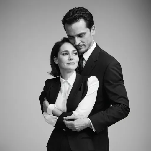 Prompt: a man and women hugging but the man is wearing a suit. it is in black and white