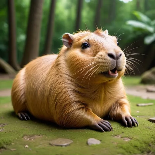 Prompt: Sure! Here's the description:

I'll choose to describe a capybara mascot with a smiling and friendly expression, lounging in a relaxed position, lying on its back with its legs up in the air. This would convey an atmosphere of relaxation and happiness, which is fitting for a MemeCoin aiming to bring joy and amusement. The mascot could also have a necklace with the "SLK" coin symbol to directly associate it with "Solanka".