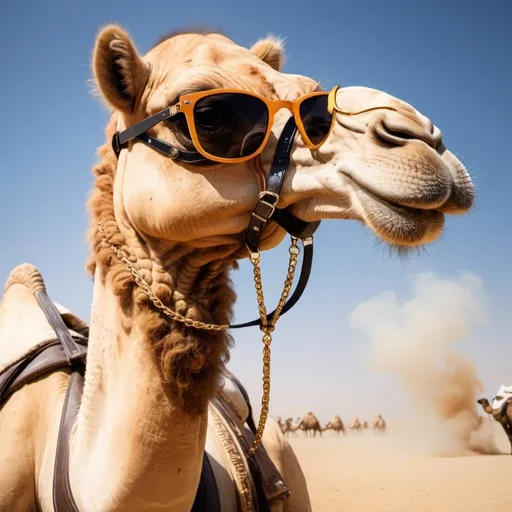 Prompt: A camel mascot with sunglasses And smoke chiar like a gangster care să privească înainte 