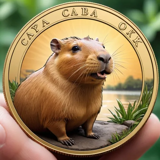 Prompt: Sure! Here's the description:

I'll choose to describe a capybara mascot with a smiling and friendly expression, lounging in a relaxed position, lying on its back with its legs up in the air. This would convey an atmosphere of relaxation and happiness, which is fitting for a MemeCoin aiming to bring joy and amusement. The mascot could also have a necklace with the "SLK" coin symbol to directly associate it with "Solanka".