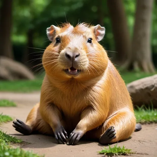 Prompt: Sure! Here's the description:

I'll choose to describe a capybara mascot with a smiling and friendly expression, lounging in a relaxed position, lying on its back with its legs up in the air. This would convey an atmosphere of relaxation and happiness, which is fitting for a MemeCoin aiming to bring joy and amusement. The mascot could also have a necklace with the "SLK" coin symbol to directly associate it with "Solanka".