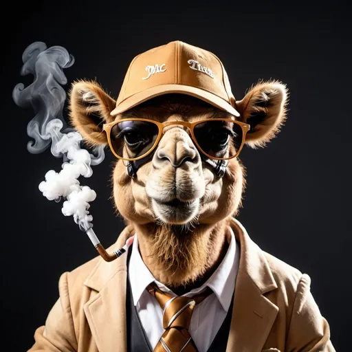 Prompt: A camel mascot with sunglasses And smoke chiar like a gangster 
