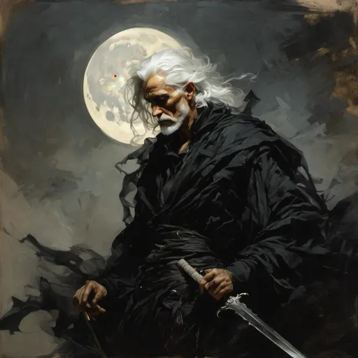 Prompt: <mymodel>portrait of evil death as a man, white hair, sword, the moon, black clothes, dramatic lighting