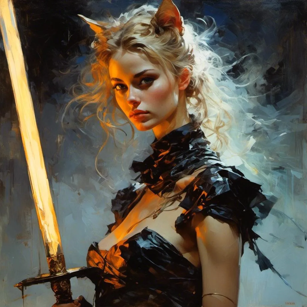 Prompt: <mymodel>portrait of a cat girl, athletic body, glowing colors, sword, glowing eyes, dramatic lighting