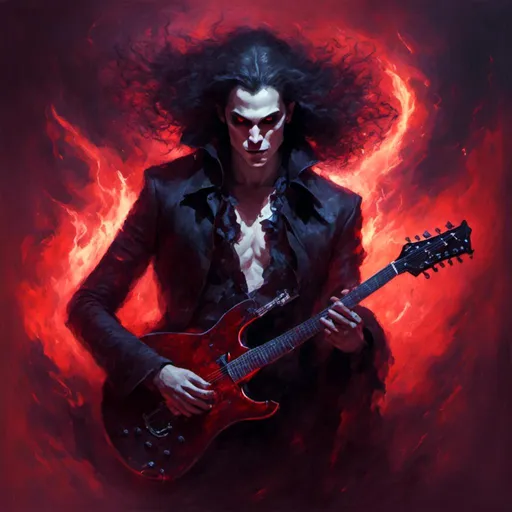 Prompt: <mymodel> portrait of vampire in hell, eyes glowing, playing rock guitar, lightning