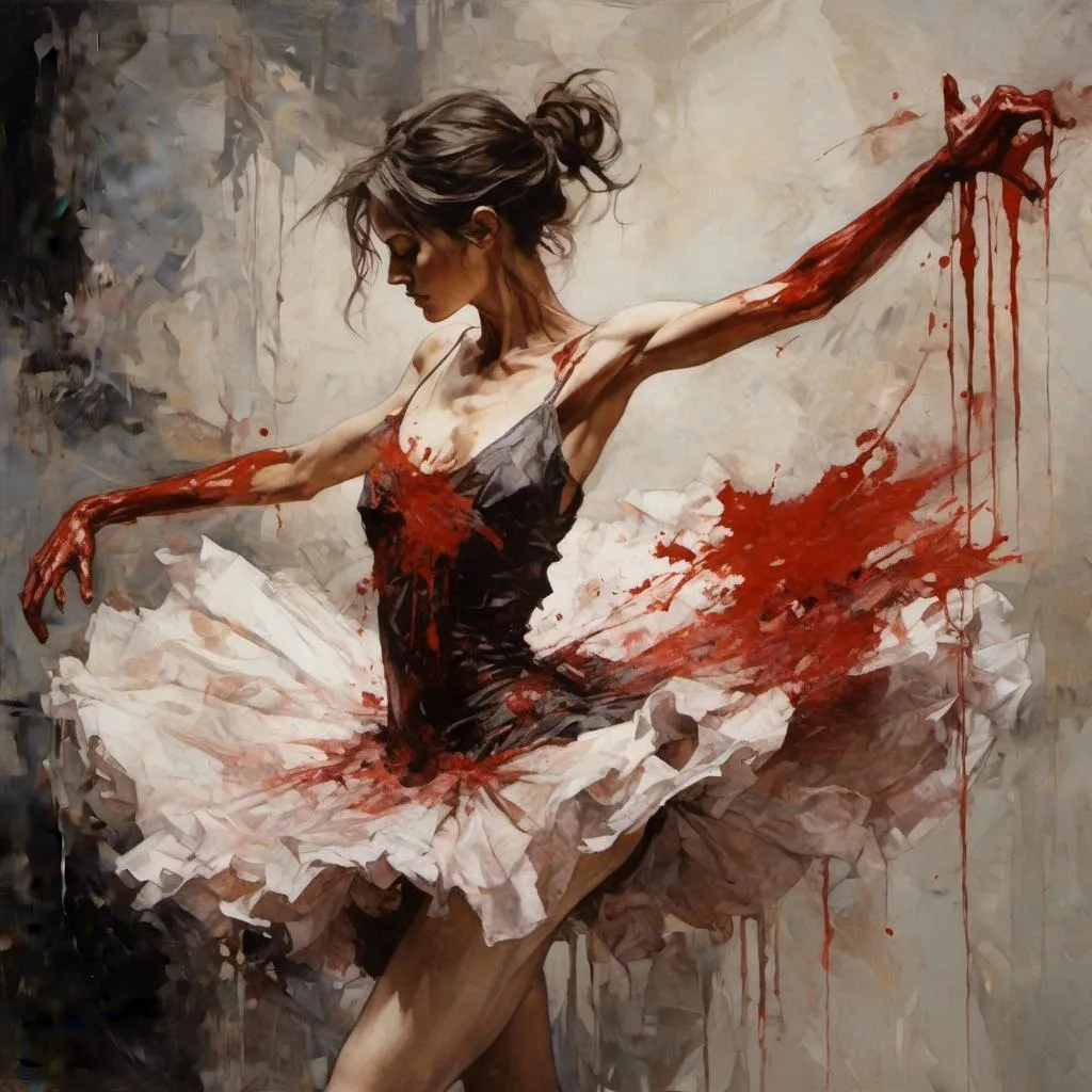 Prompt: <mymodel> portrait of a ballerina,  athletic body, dancing with death,  blood