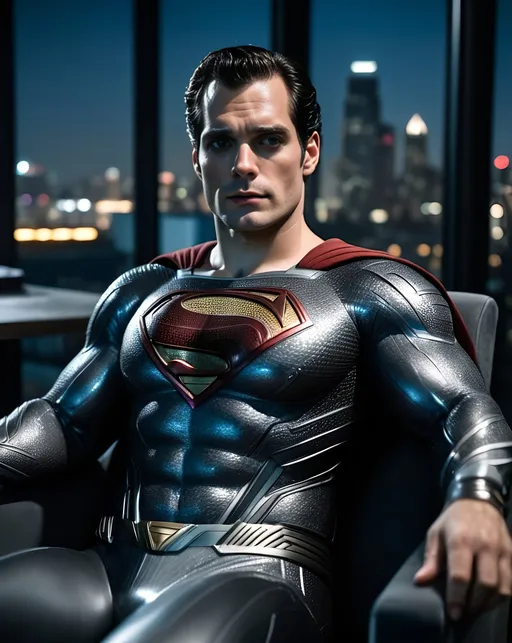 Prompt: Henry Cavill as Superman, aged, black and silver suit from zack snyders justice league, reclining in a chair, boss pose, night time, window overlooking city background, detailed, (hdr:1. 2), intricate details, cinematic, detailed, editorial photography, highly detailed face, private studio: 1.3, POV, nikon d850, stock photography film, 4 kodak portra 400, f1.6 camera lens, intense colors, realistic texture, spectacular lighting, cinestill 800,