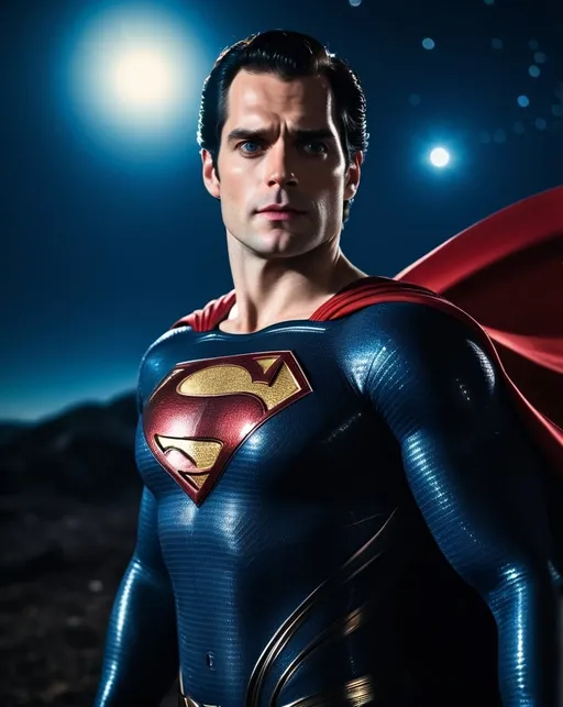 Prompt: Henry Cavill as Superman, aged, crisis on infinite earth costume, flying through the sky, iconic pose, night time, low earth orbit background, detailed, (hdr:1. 2), intricate details, cinematic, detailed, editorial photography, highly detailed face, private studio: 1.3, POV, nikon d850, stock photography film, 4 kodak portra 400, f1.6 camera lens, intense colors, realistic texture, spectacular lighting, cinestill 800,