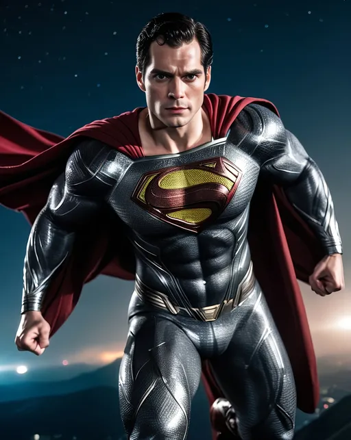 Prompt: Henry Cavill as Superman, aged, black and silver suit from zack snyders justice league, flying through the sky, fists forward pose, night time, low earth orbit background, detailed, (hdr:1. 2), intricate details, cinematic, detailed, editorial photography, highly detailed face, private studio: 1.3, POV, nikon d850, stock photography film, 4 kodak portra 400, f1.6 camera lens, intense colors, realistic texture, spectacular lighting, cinestill 800,