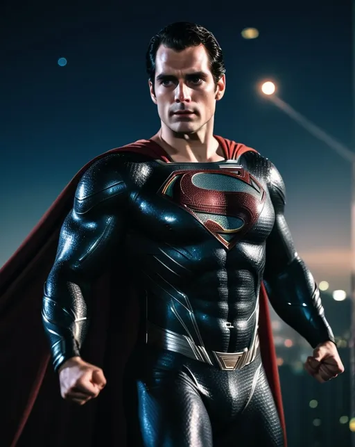 Prompt: Henry Cavill as black suit Superman, aged, black and silver suit from zack snyders justice league, flying through the sky, fists forward pose, night time, low earth orbit background, detailed, (hdr:1. 2), intricate details, cinematic, detailed, editorial photography, highly detailed face, private studio: 1.3, POV, nikon d850, stock photography film, 4 kodak portra 400, f1.6 camera lens, intense colors, realistic texture, spectacular lighting, cinestill 800,
