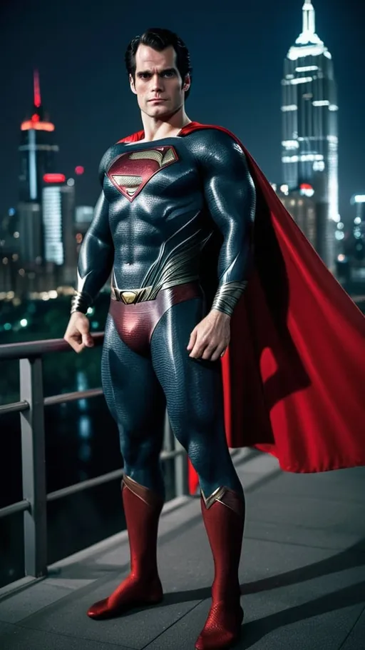 Prompt: Henry Cavill as Superman, aged 50 years old, black and grey hair, my adventures with superman costume, red trunks, iconic pose, night time, metropolis city background, detailed, (hdr:1. 2), intricate details, cinematic, detailed, editorial photography, highly detailed face, private studio: 1.3, POV, nikon d850, stock photography film, 4 kodak portra 400, f1.6 camera lens, intense colors, realistic texture, spectacular lighting, cinestill 800,