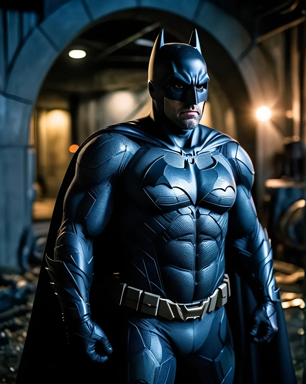 Prompt: Ben Affleck's Batman, Batfleck, aged 50 years, 5 o'clock shadow beard, batman v superman costume, Zack Snyders Justice League costume, iconic pose, night time, Batcave background, detailed, (hdr:1. 2), intricate details, cinematic, detailed, editorial photography, highly detailed face, nikon d850, stock photography film, 4 kodak portra 400, f1.6 camera lens, intense colors, realistic textures, spectacular lighting, cinestill 800, motion blur