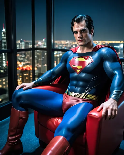 Prompt: Henry Cavill as Superman, aged 50 years old, black and grey hair, my adventures with superman costume, red trunks, reclining in a chair, putting on his boots, iconic pose, night time, window overlooking city background, night time, detailed, (hdr:1. 2), intricate details, cinematic, detailed, editorial photography, highly detailed face, private studio: 1.3, POV, nikon d850, stock photography film, 4 kodak portra 400, f1.6 camera lens, intense colors, realistic texture, spectacular lighting, cinestill 800,