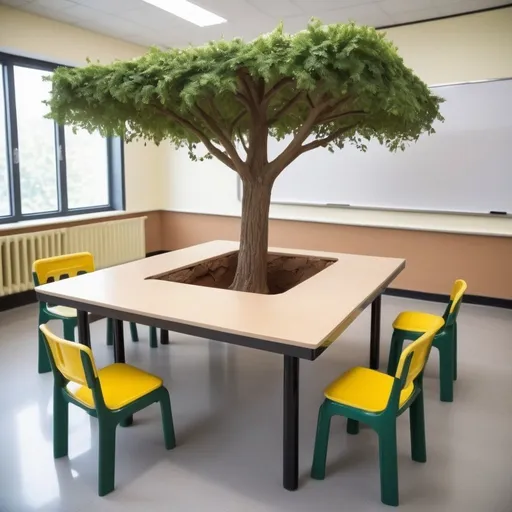 Prompt: big ractangle table with a bit deep hole so a small tree can be place inside , in classroooms , realistics, add a glass cover the trees, chair around , school concept


