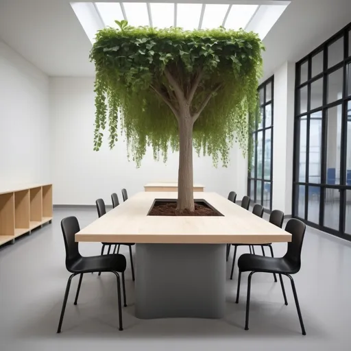 Prompt: big ractangle table with a bit deep hole so a small plant can be place inside , in classroooms , realistics, add a glass cover the trees, chair around , school concept


