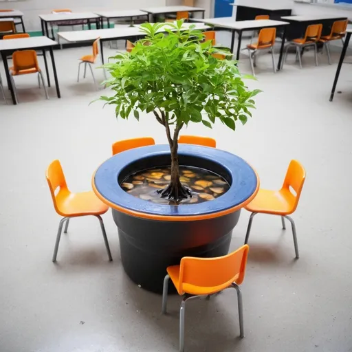 Prompt: hot pot table plant a tree in a hotpot hole placement , with chair around , school concept
