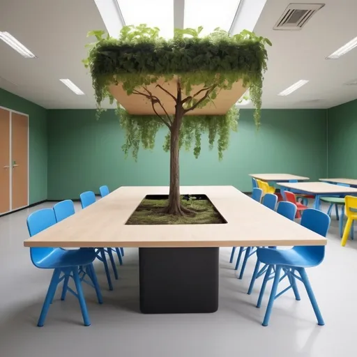 Prompt: big ractangle table with a bit deep hole so a medium plant can be place inside , in classroooms , realistics, add a glass cover the trees, chair around , school concept


