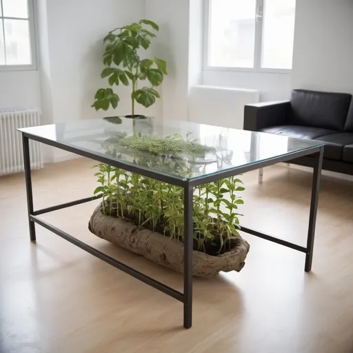 Prompt: big ractangle table with a bit deep hole so a plant can be place inside , in classroooms , realistics, cage made glass sourround the table



