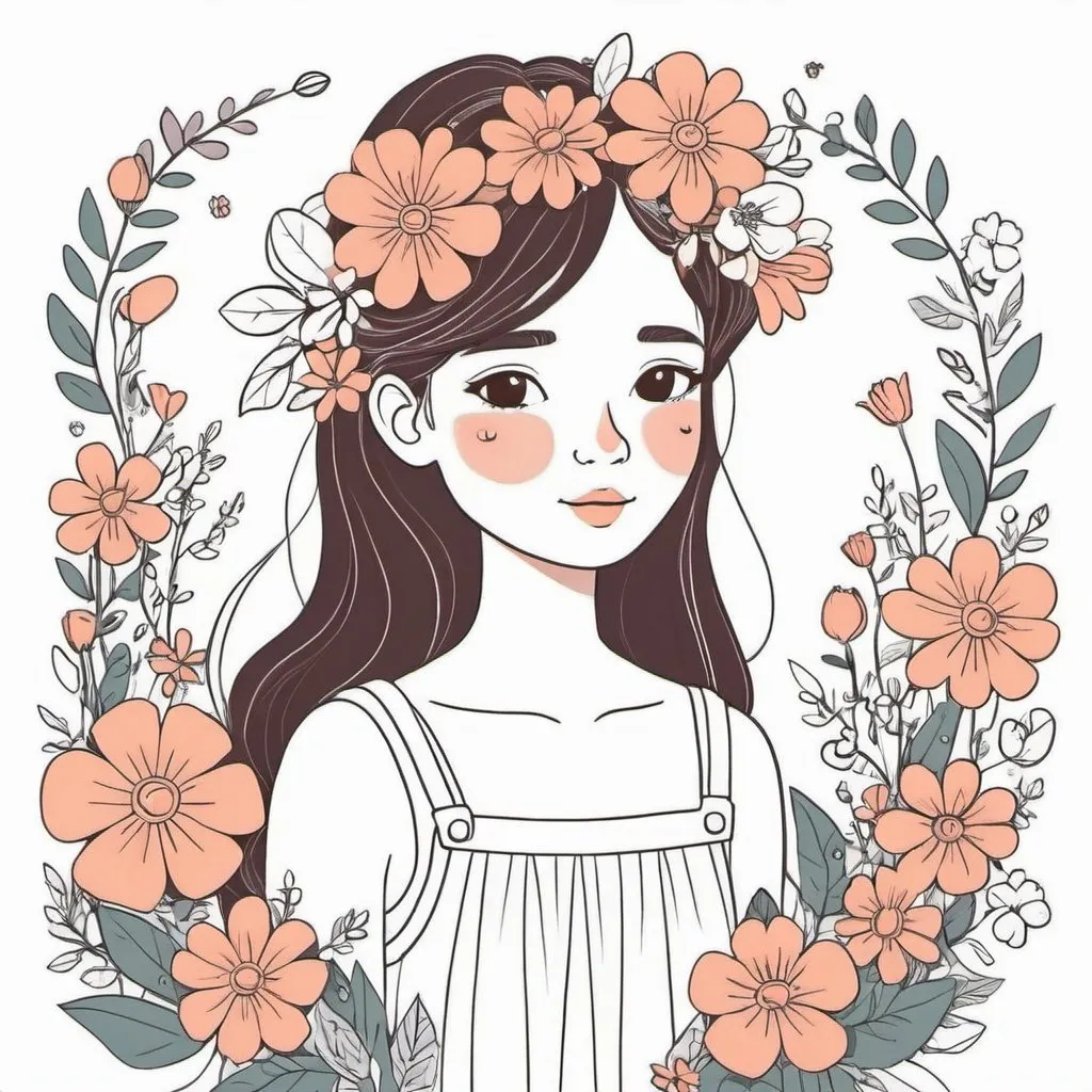 Prompt: A flower girl, whimsical, thin line art, flat color illustration, high quality