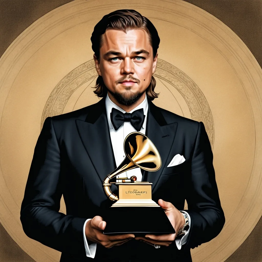 Prompt: Leonardo DiCaprio holding a grammy award renaissance portrait in the style of Leonardo Da Vinci, showing realism, expression, linear perspective,