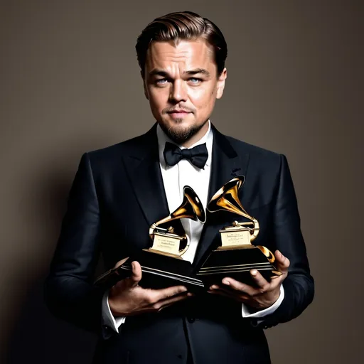 Prompt: Leonardo DiCaprio holding a grammy award renaissance portrait showing realism, expression, linear perspective,