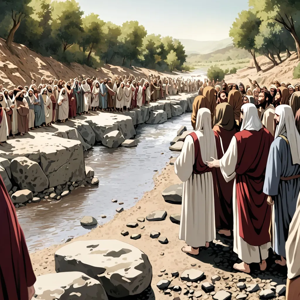 Prompt: Jesus surrounded by people next to a stony riverbed
