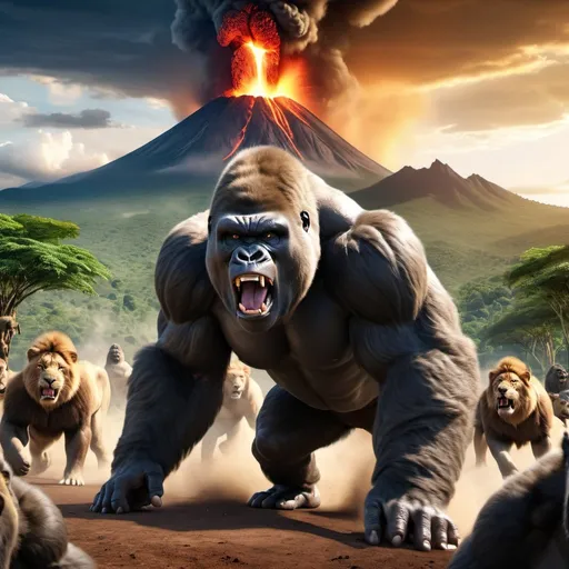 Prompt: Giant silverback gorilla roaring at a pride of lions, African jungle background, erupting volcano mountain in the far distance, realistic 3D rendering, high definition, intense action, naturalistic, vibrant earth tones, dramatic lighting, detailed fur and muscles, colossal primate, powerful presence, wildlife encounter, volcanic landscape