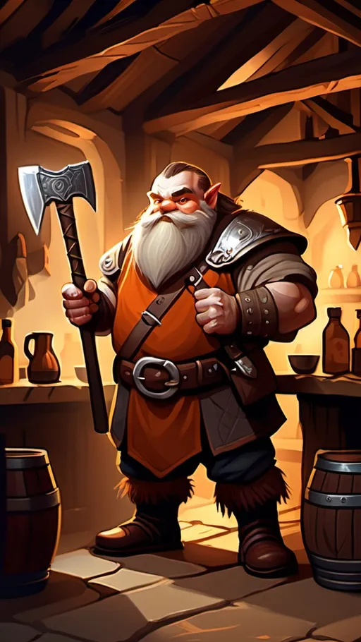 Prompt: dwarf character holding an axe in a tavern , fantasy character art, illustration, dnd, warm tone