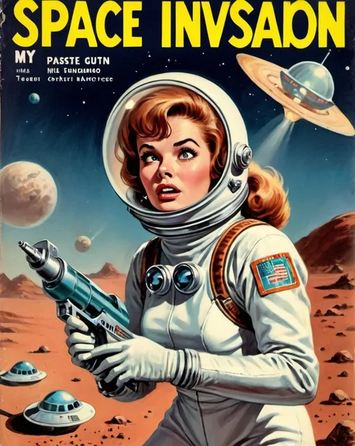 Prompt: ((a cover of a 1960's science fiction pulp magazine comic of a retro woman astronaut on mars holding a ray gun)), looking up in fear at many landing flying Saucers, ((the cover of the comic says "Space Invasion")), with soft pastel colors