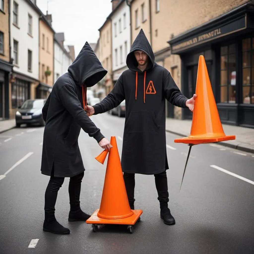 Prompt: Medieval illustration style hoodies kicking a traffic cone