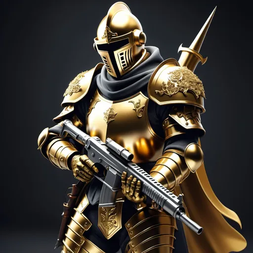 Prompt: A GOLDEN KNIGHT WITH A MACHINE GUN A PISTOL AND A SWORD ON HIS BACK









