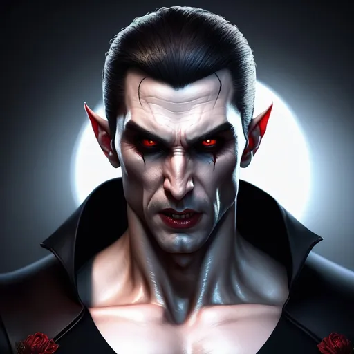 Prompt: highest quality stylized character concept masterpiece, award winning digital 3d oil painting art, hyper-realistic, intricate, 64k, UHD, HDR, image of a beautiful vampire man, highly detailed face, hyper-realistic facial features, perfect anatomy in perfect composition of professional, long shot, sharp focus photography, cinematic 3d volumetric, dramatic lighting with backlit backlight, aiming down sights.