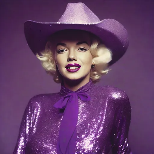 Prompt: Polaroid of Marilyn Monroe wearing a purple glitter cowboy hat and a purple glitter cowgirl outfit, soft,  ambient, neon