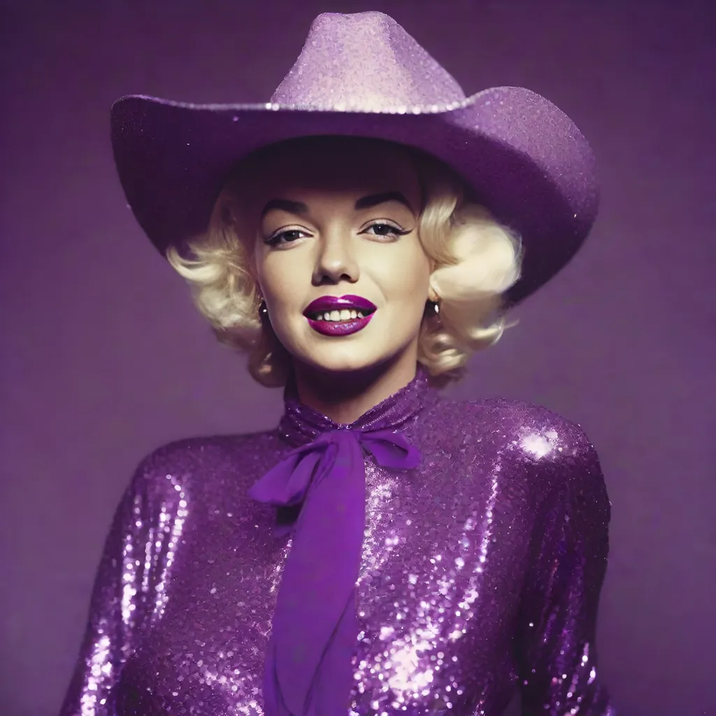 Prompt: Polaroid of Marilyn Monroe wearing a purple glitter cowboy hat and a purple glitter cowgirl outfit, soft,  ambient, neon