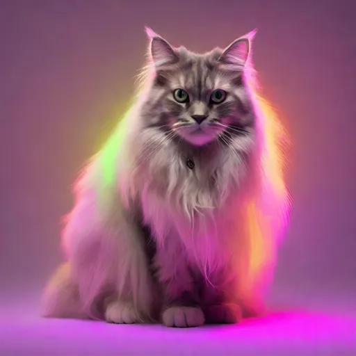 Prompt: Aura photo of a full body shot of a long haired cat, ambient, soft, neon