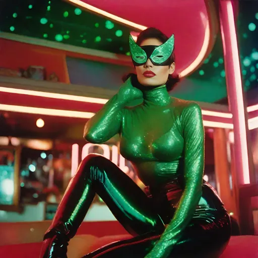 Prompt: 1990’s Polaroid of an exotic catwoman, red, green, sparkly, ambient, soft, neon