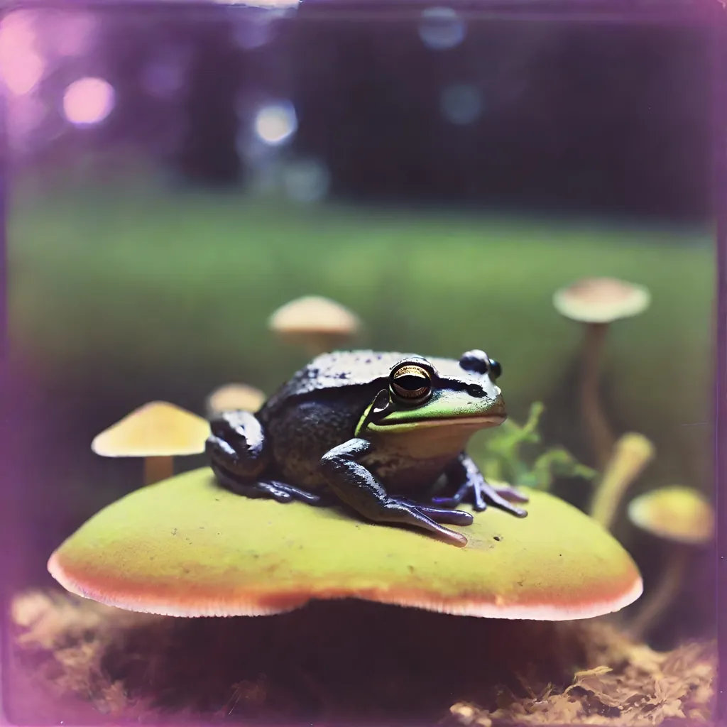 Prompt: bordered Polaroid of a frog sitting on top of a mushroom, outside, ambient, soft, neon