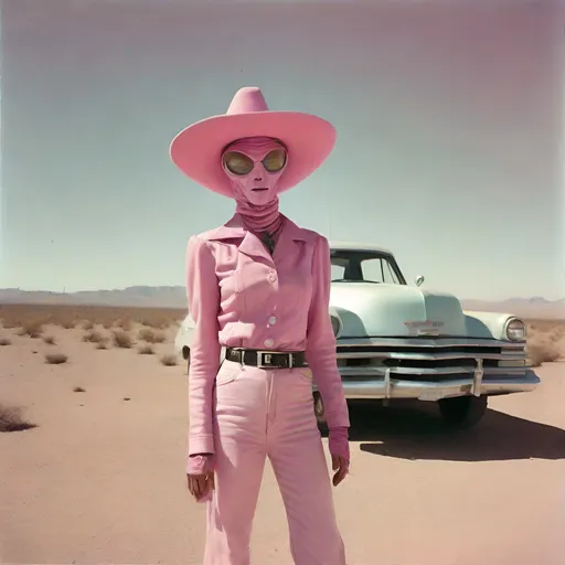 Prompt: Polaroid from the 1950's of an alien wearing a pink cowgirl outfit and a pink cowgirl hat, outside in the desert, ambient, gritty, pastel